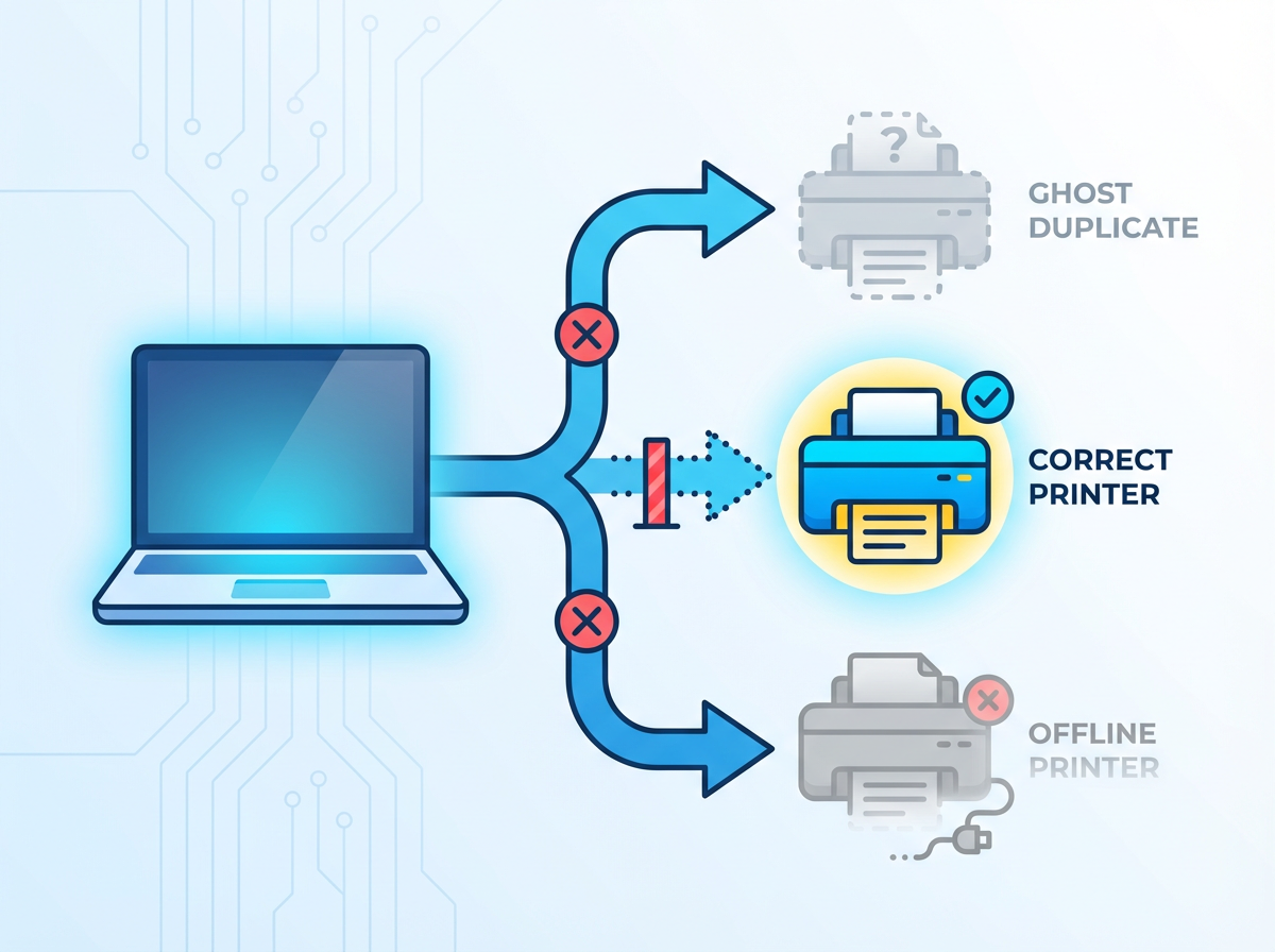 Which printer is your computer sending to? (the wrong printer, the offline one, or a ghost copy)